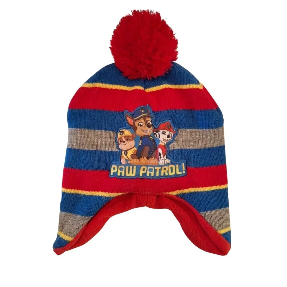 Paw Patrol Striped Beanie Hat Kids Toddler 2-5T Knit Fleece Lined Pom Pom